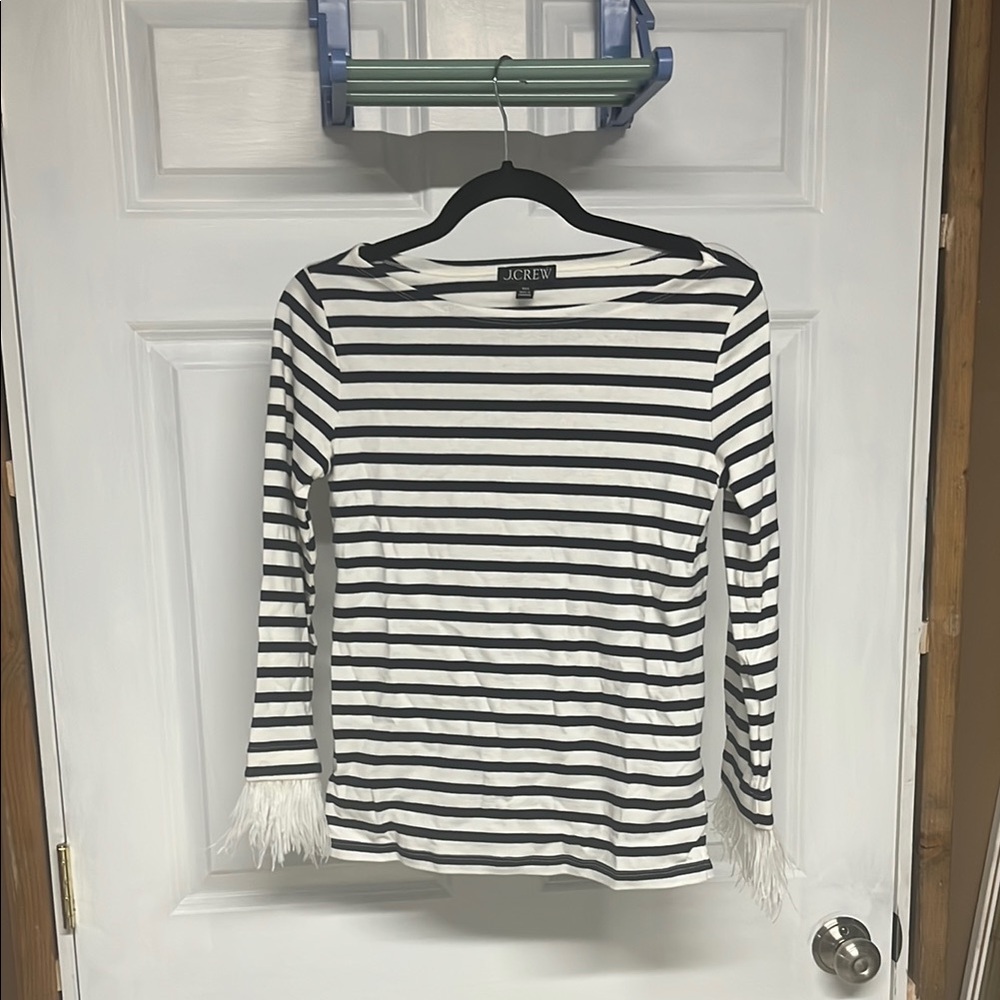 J. Crew Navy and White Feather Long Sleeve Top